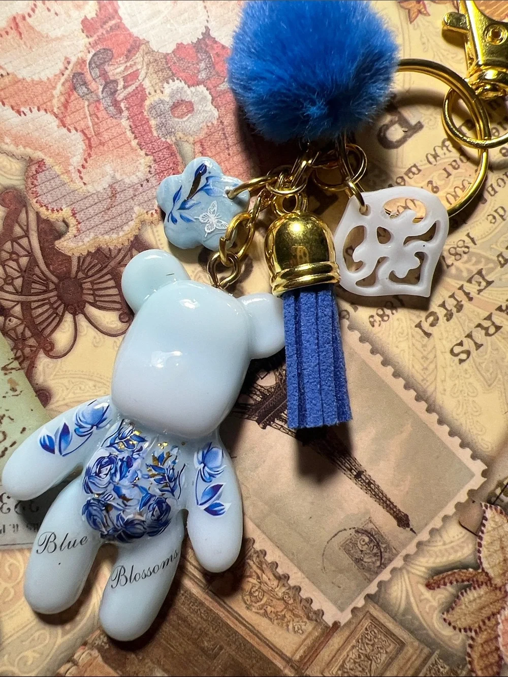 Blue Floral Teddy Keychain, backpack or purse charm Accessories